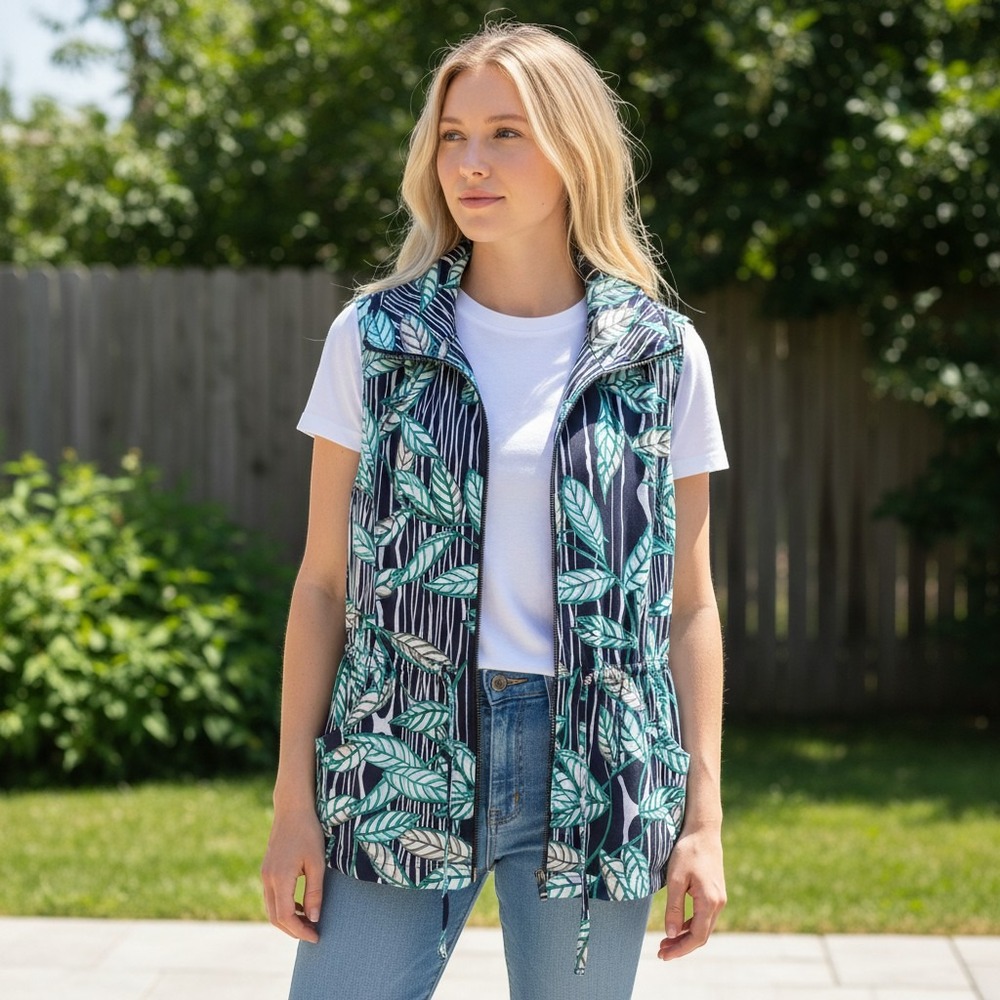 Weekends by Chico's Leaf Print Striped Zip Front Vest Navy Green Size 3 XL